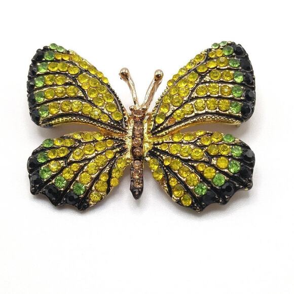 Vintage Butterfly Brooch Yellow Green Black Rhinestones Gold Tone Insect Pin - Picture 1 of 8